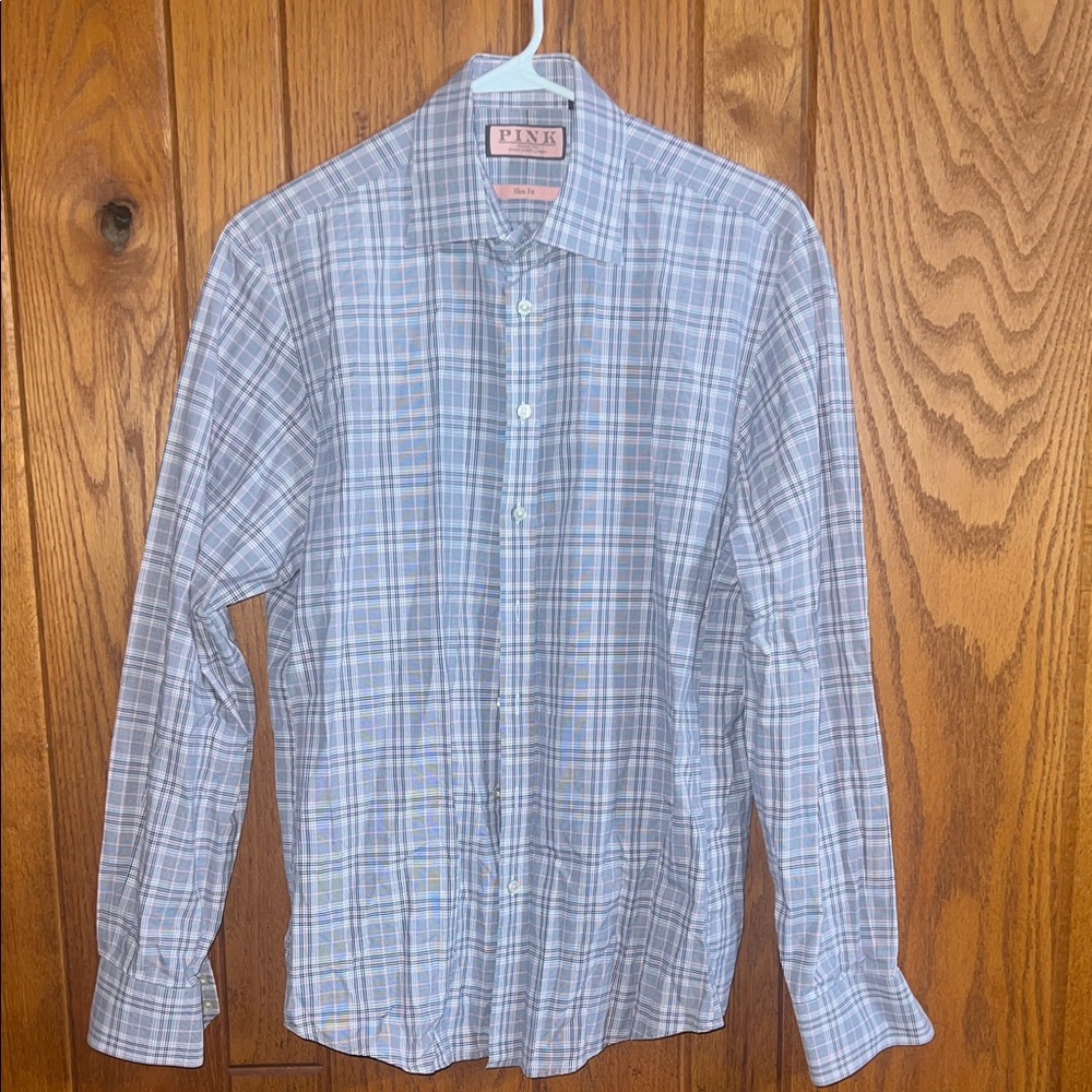 Thomas Pink Light Blue and White Checkered Men's Shirt Size 16